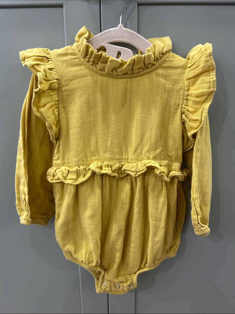 Kate Quinn Organic Cotton Ruffle Long Sleeve Bubble Romper Yellow 18-24M
